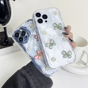 Elegant 3D wave phone case with 3D butterflies and white rose decor for iPhone 16 Pro Max
