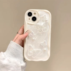 Chic creamy wave edge iPhone case with 3D bows, elegant pearls and shimmering finish