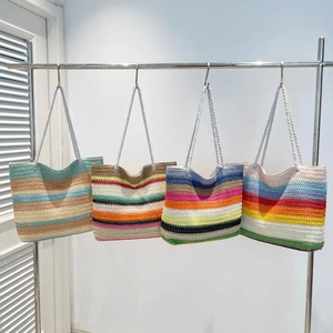 Sac Cabas Tissé En Paille Pour Femmes Rayé Arc En Ciel Grande Capacité Sac De Plage Été Vacances Avec Poignées En Corde
