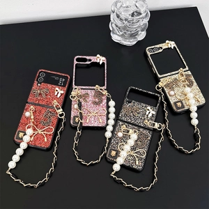 Luxury Glitter Folding Phone Case With Bow Artificial Pearl Leather Chain Strap Protective Cover Elegant Style For Foldable Phone