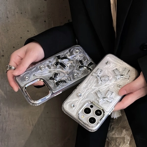 Sparkly silver glitter phone case with 3D bow and rhinestones for iPhone 17 Pro Max