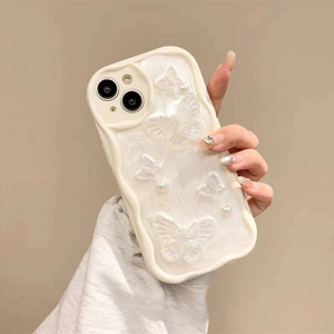 Detail of wavy cream iPhone case with 3D butterflies and elegant faux pearl embellishments