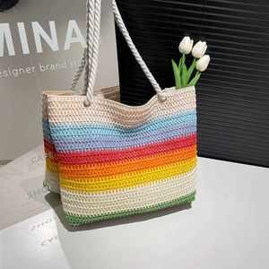 Sac fourre-tout tissé à rayures arc-en-ciel avec poignées en coton pour plage et vacances