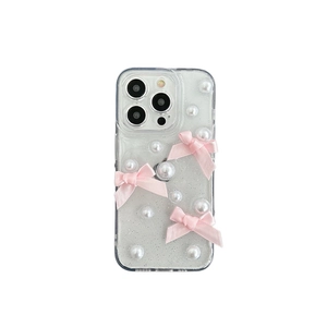 Coque iPhone transparente scintillante avec nœuds en soie rose et perles blanches élégantes