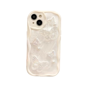 Creamy 3D butterfly iPhone case with pearl accents and iridescent finish