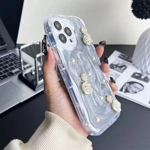 Silver wavy phone case with 3D white roses and pearls for iPhone 17 Pro Max