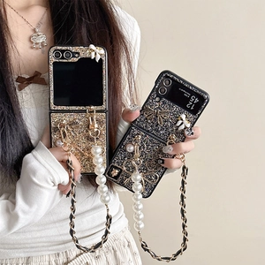 Glitter folding phone case with bow and pearl strap for Samsung Galaxy Z Flip