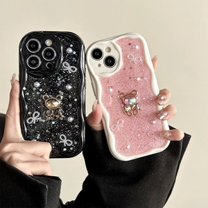 Glitzernde Bären-Handyhülle mit Wellenrand und Schleifendekor für iPhone-Serie