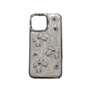 Glittery white bow phone case with pearlescent finish and rhinestones for iPhone