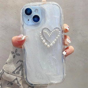 iPhone 16 Pro Max case with rhinestone heart, pearl bead chain and wavy glitter design