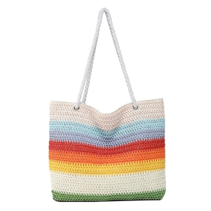 Sac de plage en paille à rayures arc-en-ciel avec poignées en corde de coton