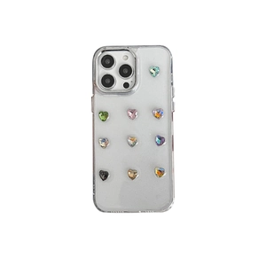 Clear iPhone case featuring colorful gradient heart rhinestones and a glittery finish