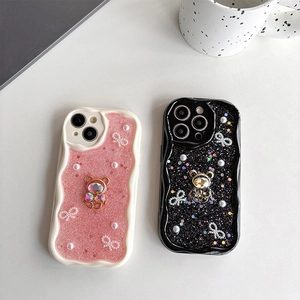 Glitzernde Handyhülle mit Bären-Strassstein und Wellenrand für iPhone 15/17 Pro
