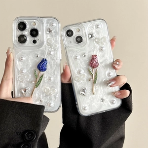 Coque De Téléphone Élégante Tulipe 3D Avec Strass Künstliche Perle Noeud TPU Souple Texture Nacre