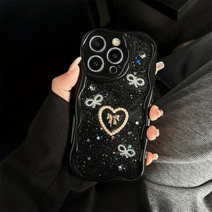 Glitzerndes schwarzes Wellen-Etui für iPhone mit Perlen-Herz und Schleifen-Design