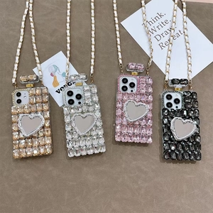 Custodia Per Telefono Di Lusso In Strass Bottiglia Di Profumo Specchio A Cuore Catena A Tracolla Per IPhone