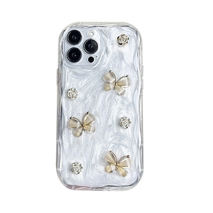 Floral butterfly phone case for iPhone 16 Pro Max with 3D gold accents and pearl white base