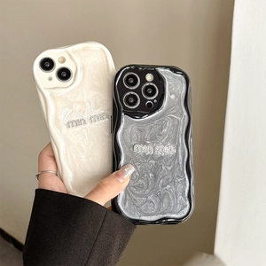 Sparkling black and white wave textured phone case with rhinestone logo for iPhone