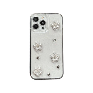 Custodia per iPhone glitterata con eleganti fiori di perla 3D e decorazioni in strass