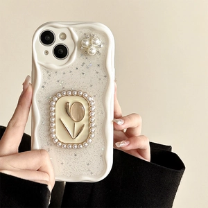 Detail of tulip relief with pearls on wavy edge iPhone case featuring glitter stars