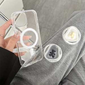 Detail of transparent MagSafe phone case with cute 3D bear magnetic pop socket stand