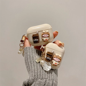 Coque AirPods Pro crème avec tasse à café 3D, pendentif fille et breloque perle