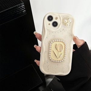 Detail of pearlescent iPhone case with tulip relief and elegant pearl circle trim