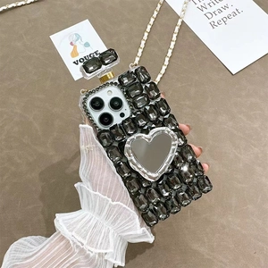 Custodia iPhone di lusso con strass specchio a cuore design profumo e tracolla