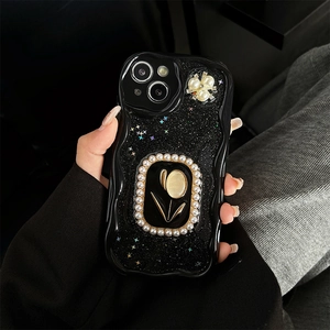 Glittery tulip phone case with faux pearl accents and wavy edges for iPhone models