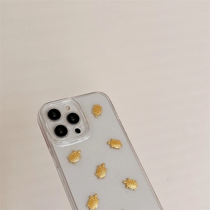 Transparent glitter iPhone case with golden 3D turtles and camera lens protection