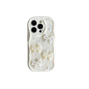 Cream white wave edge phone case with 3D bows and star glitter for iPhone 15 Pro Max