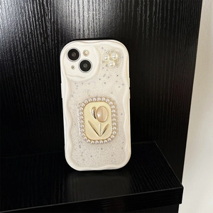 Detail of glitter iPhone case with pearl flower and golden tulip embossed pattern