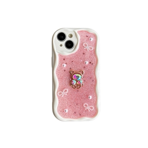 Luxus iPhone Hülle mit rosa Glitzer, 3D-Bär aus Strass und weißen Wellenrändern