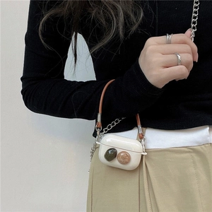 Cream White Silicone Wireless Earphone Case With Resin Gemstones Brown Leather Strap Protective Cover Compatible With Pods Pro 1 2 3 4