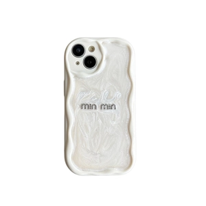 Pearl white wave edge phone case with sparkling rhinestone min min logo for iPhone