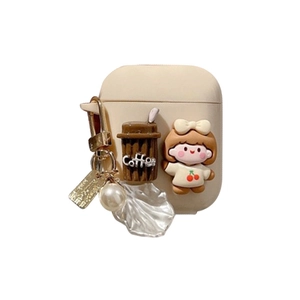 Étui AirPods en silicone blanc cassé avec tasse de café 3D et pendentif fille