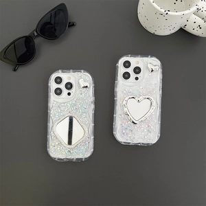 Custodia glitterata con specchio a cuore per iPhone 14 15 16 Pro Max, silicone trasparente