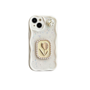 White wave edge iPhone case with glitter stars, pearl ring, and yellow tulip relief