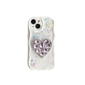 Sparkly iPhone case with pink rhinestone heart and white wavy edge in cream style