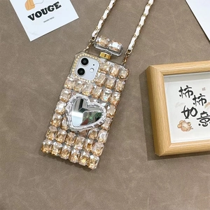Custodia lussuosa con strass specchio a cuore design boccetta di profumo e tracolla