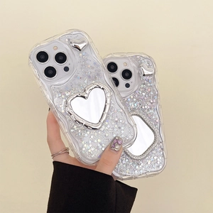Custodia per iPhone con paillettes e specchio a cuore protezione integrale in silicone