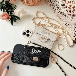 Quilted iPhone case with Love lock wallet and detachable crossbody chain strap