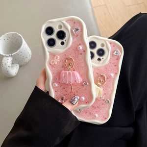 Ballet girl phone case for iPhone 16 Pro Max with pink glitter and pearl 3D design