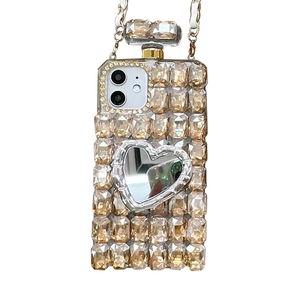 Custodia iPhone di lusso con strass, specchio a cuore, stile profumo e tracolla a catena
