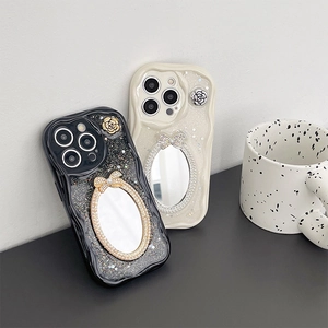 Luxus Wellenkante Kamelie Schleife Spiegel Handyhülle Für iPhone 17 16 15 14 Pro Max Plus Glitzer Pailletten Schminkspiegel Schutzhülle