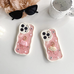 Chic iPhone 16 Pro Max case with ballet girl motif, pearls, and pink glitter aesthetic