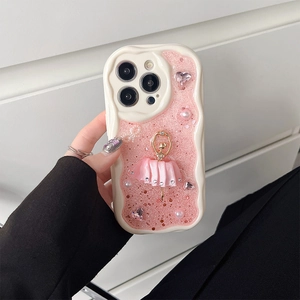 Detail of 3D ballet dancer phone case for iPhone with pink glitter, pearls and rhinestones