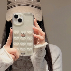 Detail of iPhone case with 3x4 3D pearl bowknot layout and glitter silicone finish