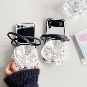 Lace bow folding phone case with pearl accent and leather hand strap for Z Flip