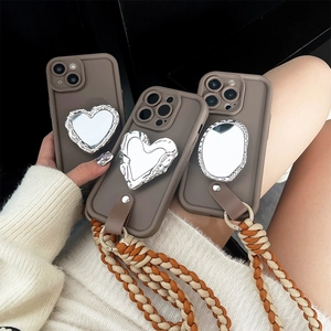 Mirror Phone Case For iPhone 16 15 14 13 12 11 Pro Max TPU Braided Lanyard Heart Oval Makeup Mirror Stand Coffee Brown